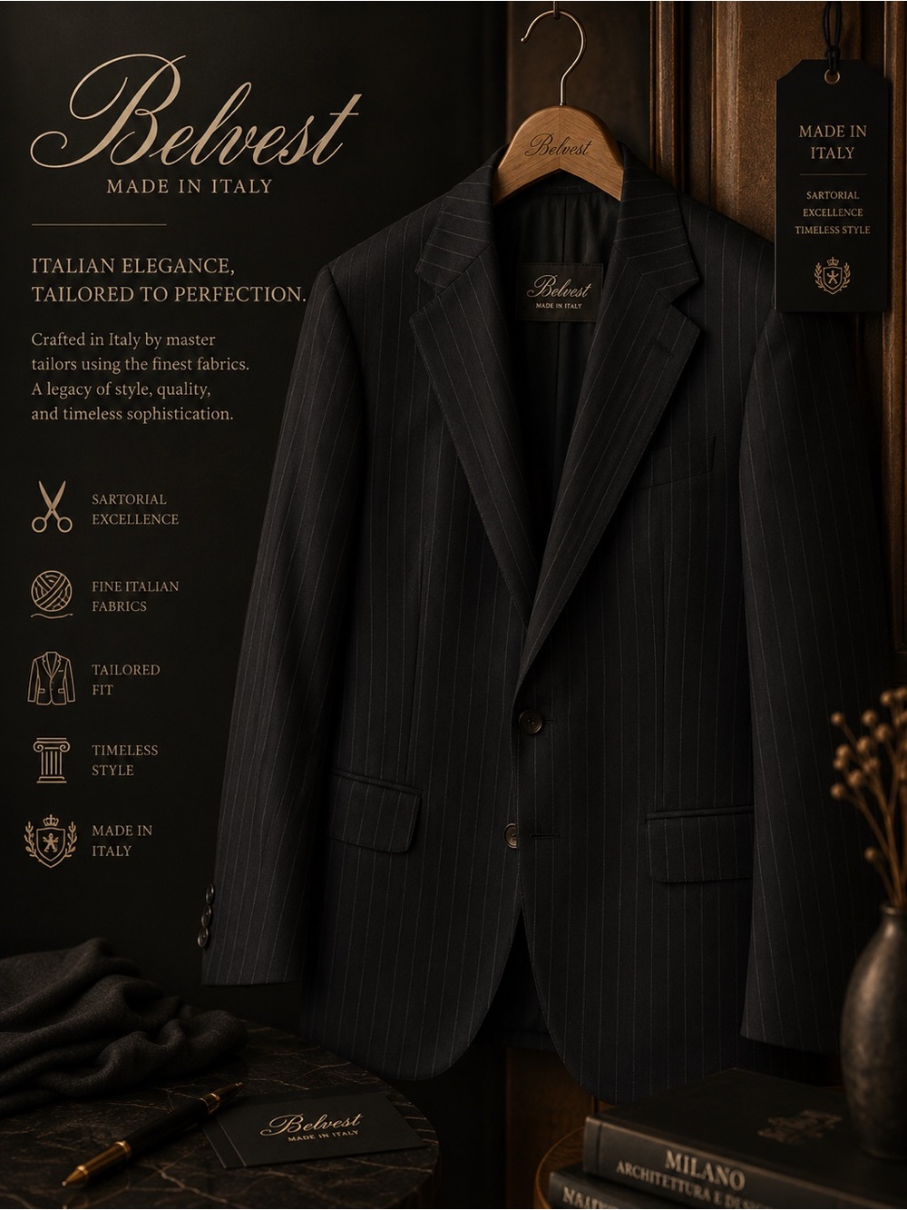 Men's Black Pinstripe Suit Jacket - Made in Italy
